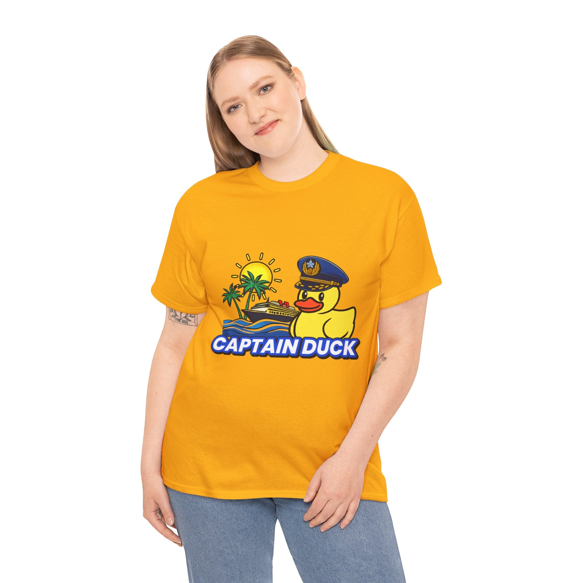 Captain Duck T‑Shirt — Nautical Rubber Duck Tee with Island Sunset