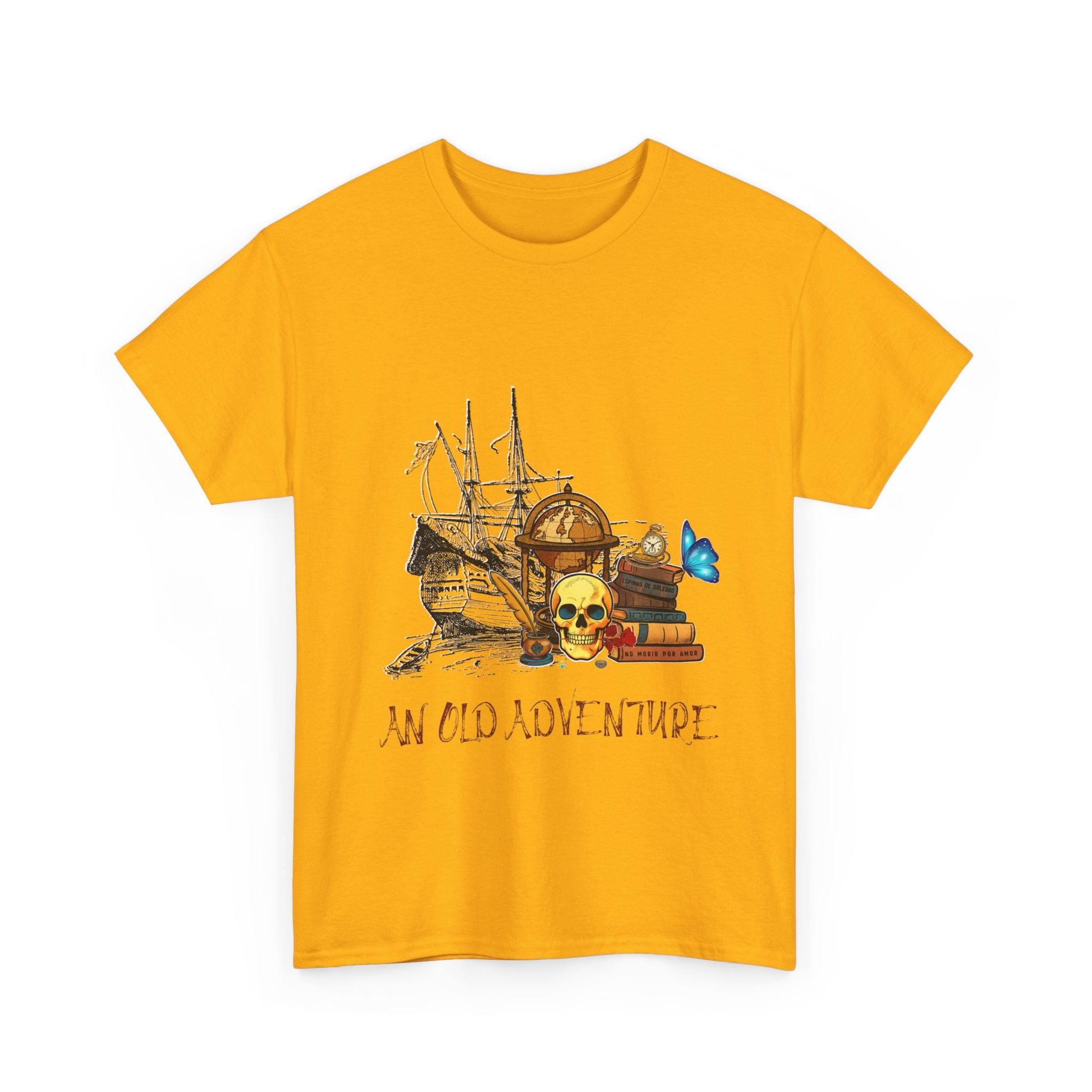 Adventure Skull AND BOOK — Vintage Ship, Globe & Books Graphic Shirt (An Old Adventure)
