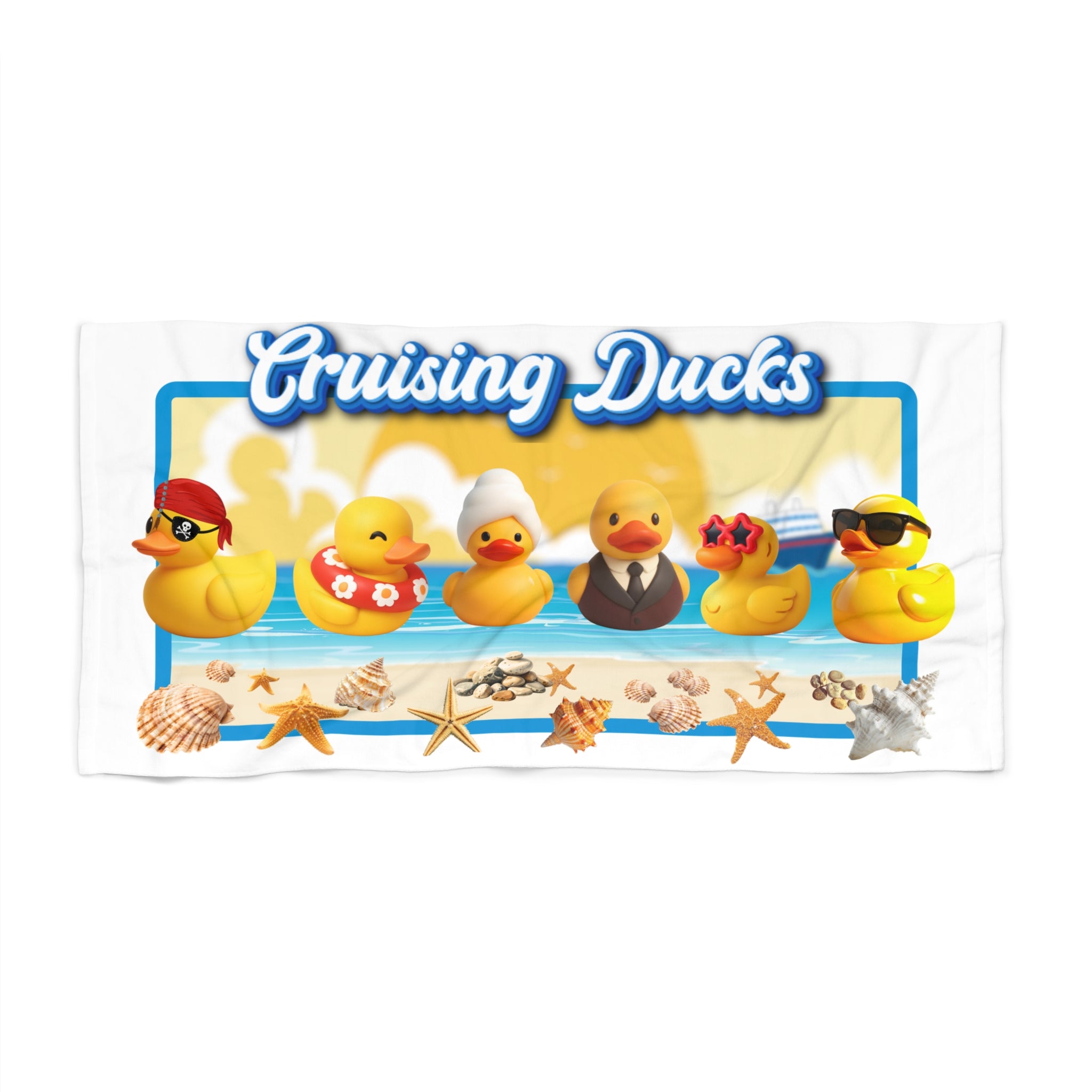 Cruising Ducks Beach Towel — Cute Rubber Duck Beach Towel with Seashells
