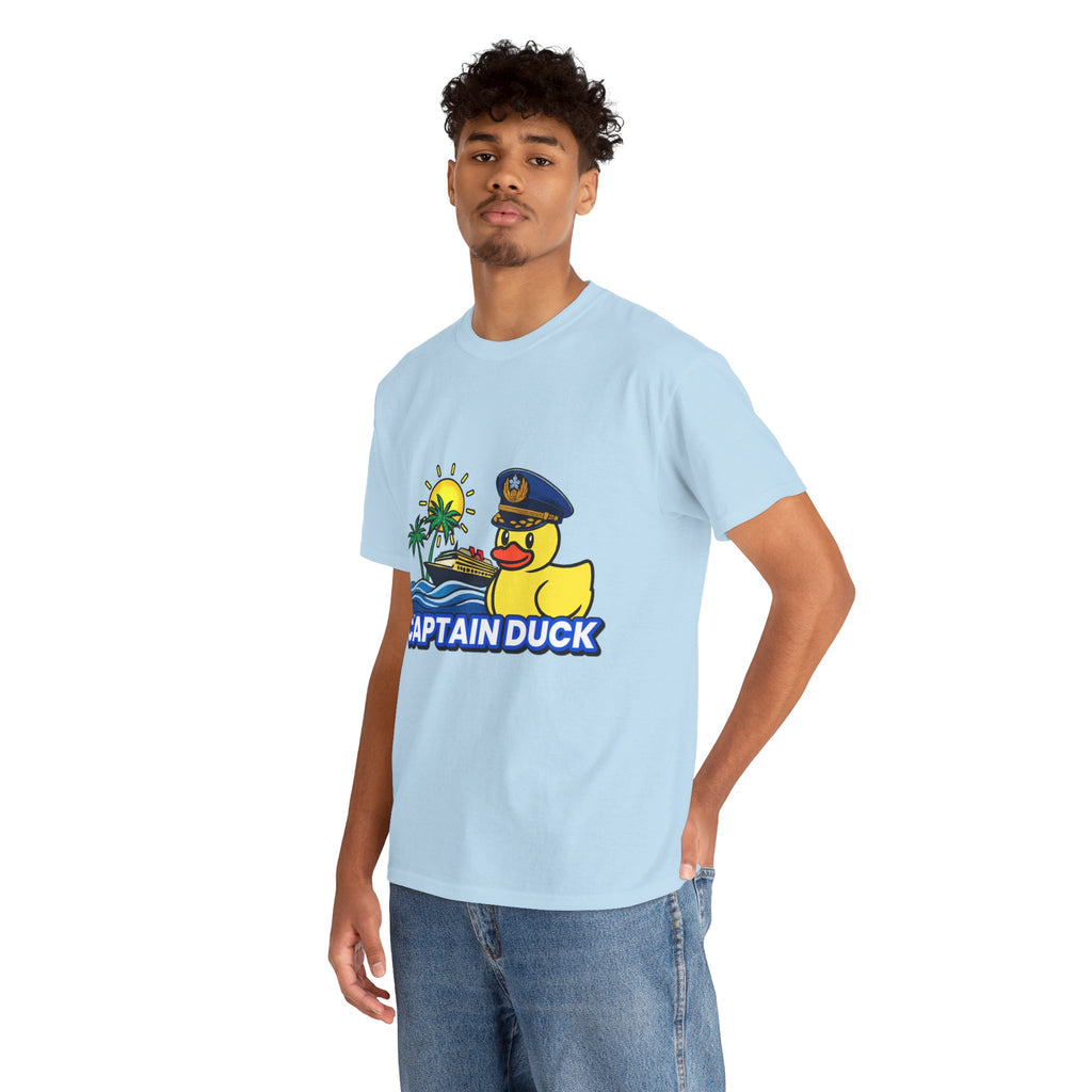 Captain Duck T‑Shirt — Nautical Rubber Duck Tee with Island Sunset