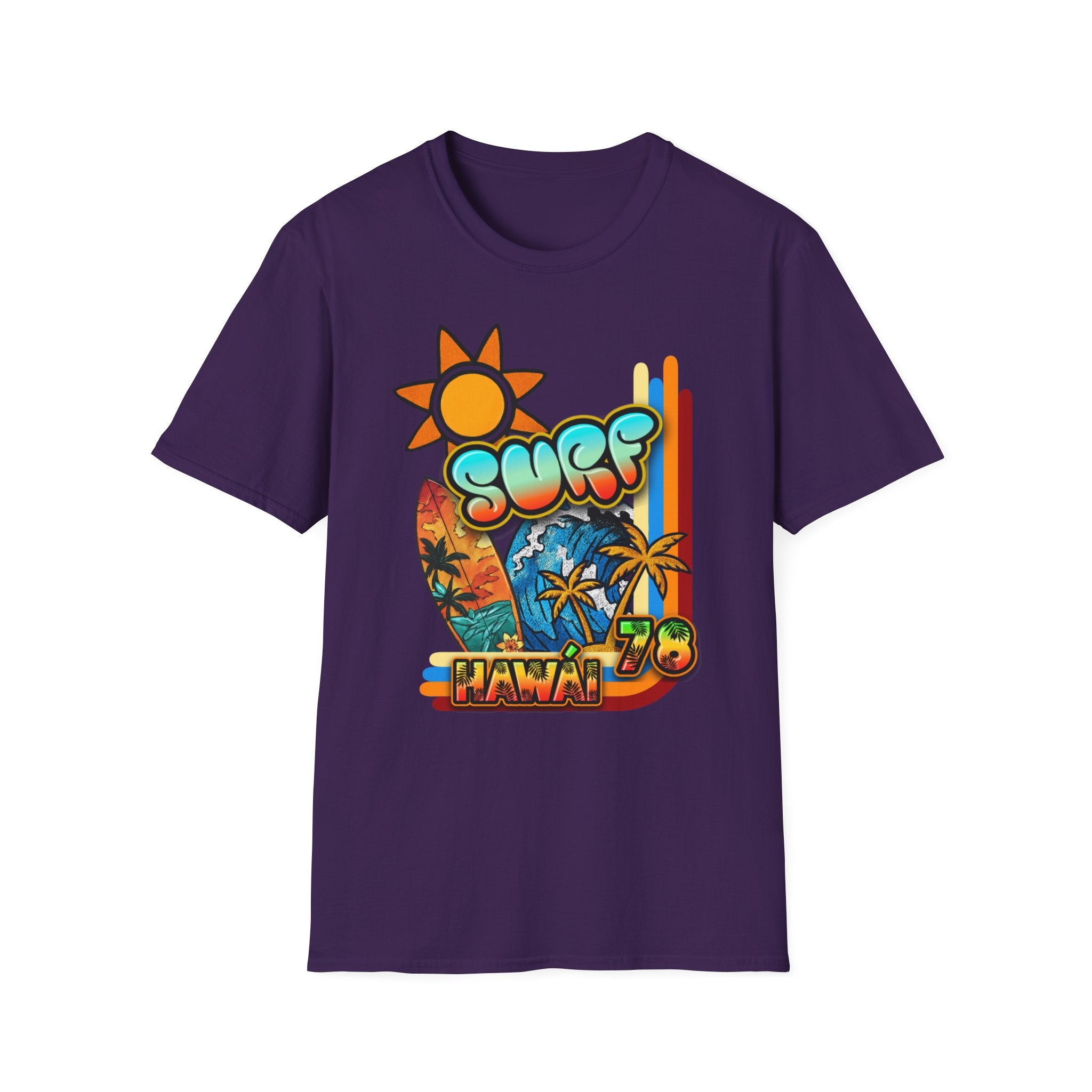 Surf Hawaii T-Shirt — Retro Tropical Sun & Palm Beach Tee