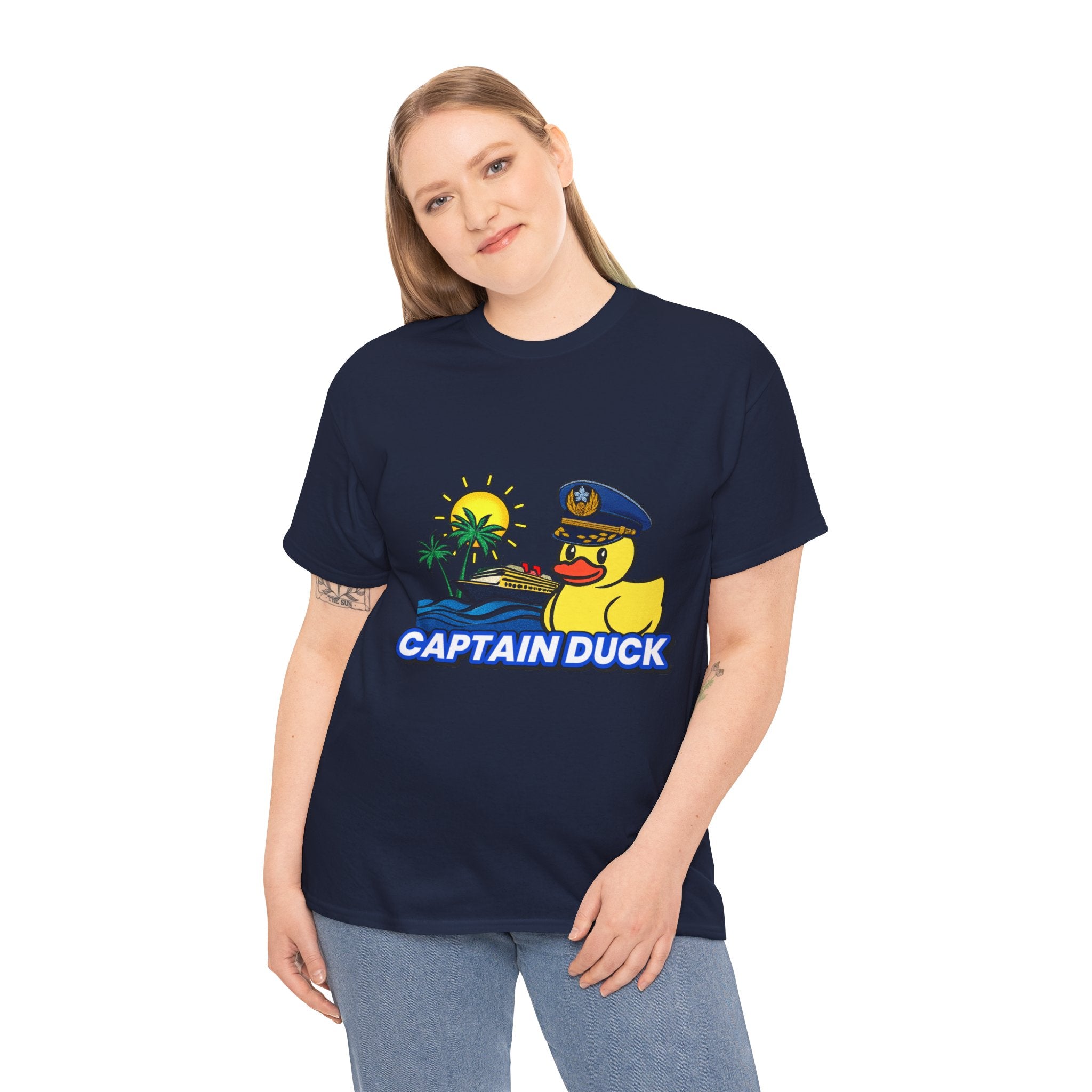 Captain Duck T‑Shirt — Nautical Rubber Duck Tee with Island Sunset