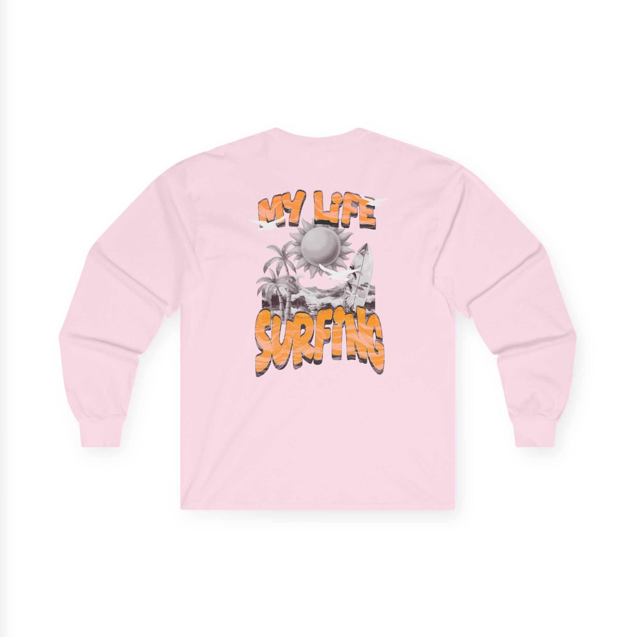 Long Sleeve Tee — 'My Life Is Surfing' Tropical Surf Graphic