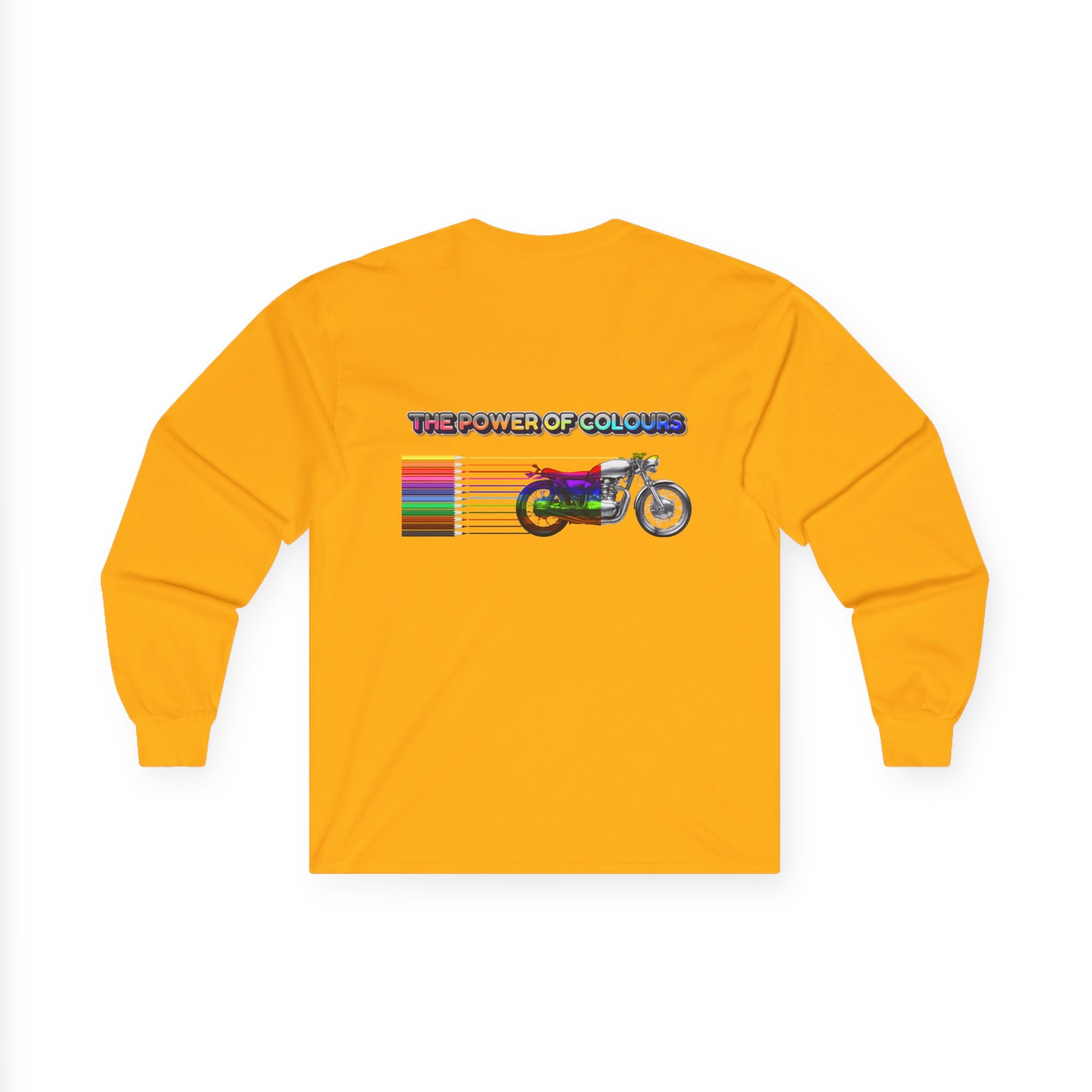 Long Sleeve Tee — 'The Power of Colours' Rainbow Motorcycle Graphic