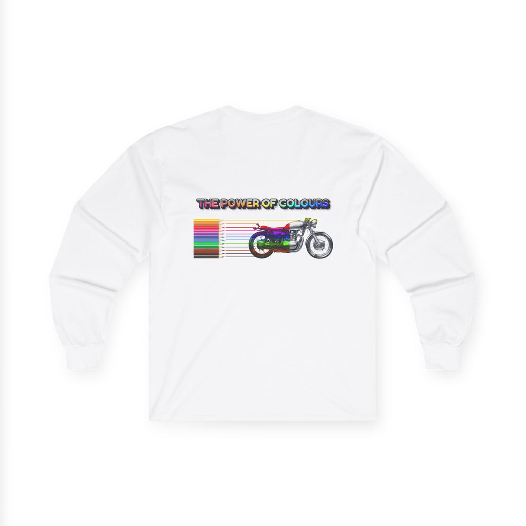 Long Sleeve Tee — 'The Power of Colours' Rainbow Motorcycle Graphic