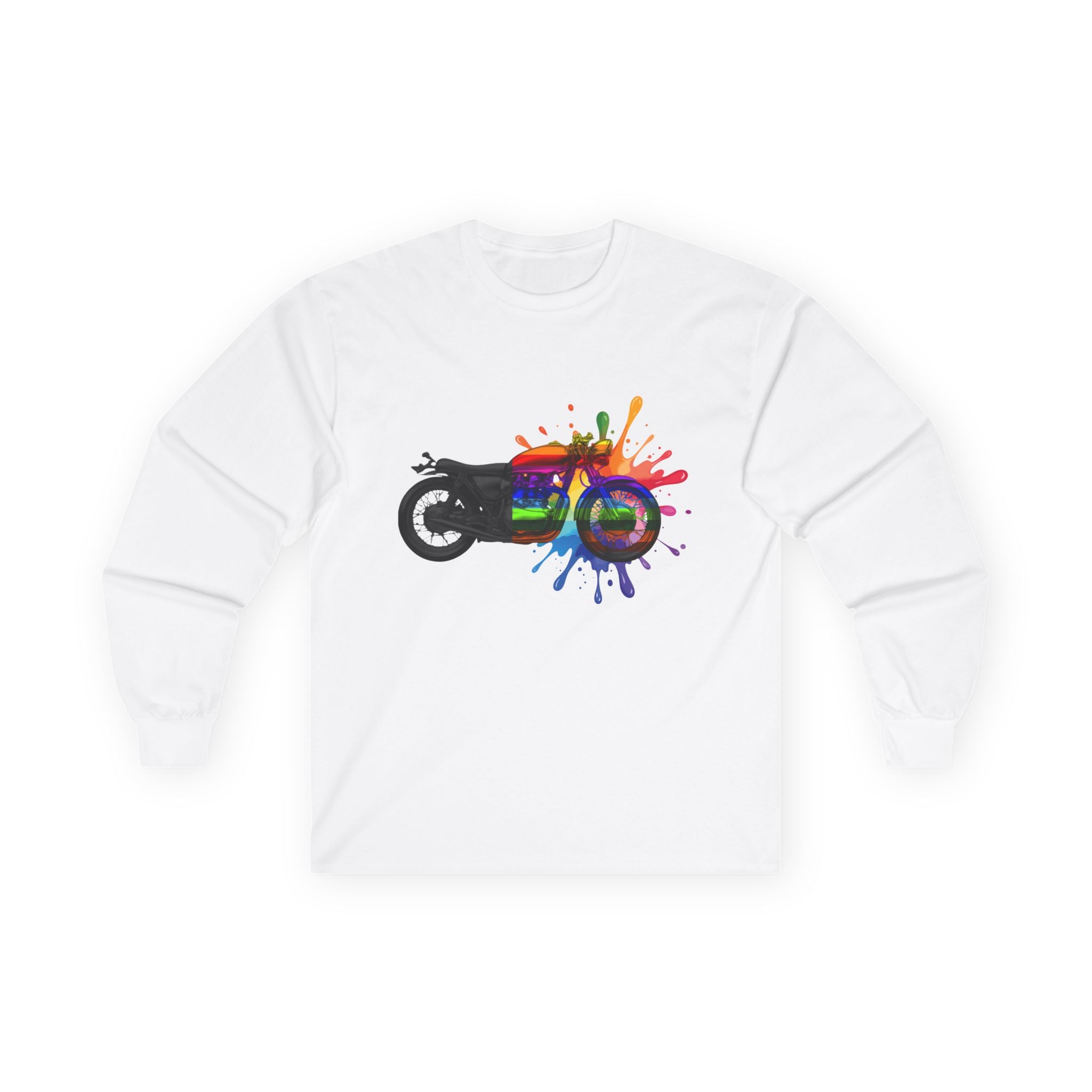 Long Sleeve Tee — 'The Power of Colours' Rainbow Motorcycle Graphic